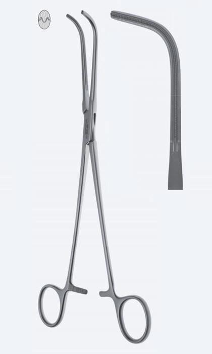 Зажими De Bakey Rumel, дисекційні та лігатурні, зубці De Bakey, вигнуті, з кремальєрою, загальна довжина 240 мм. Бренд - Asanus Medizintechnik Gmb, Німеччина